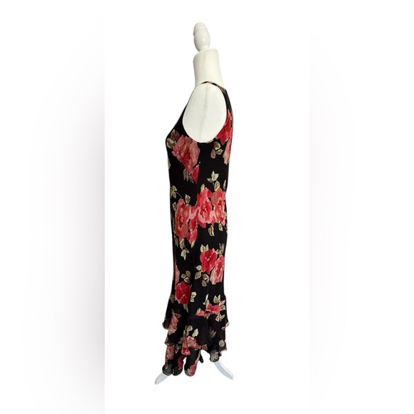 Vintage Petite Sophisticate Black Floral Midi Slip Dress Red Rose 6 Chiffon - Picture 2 of 10